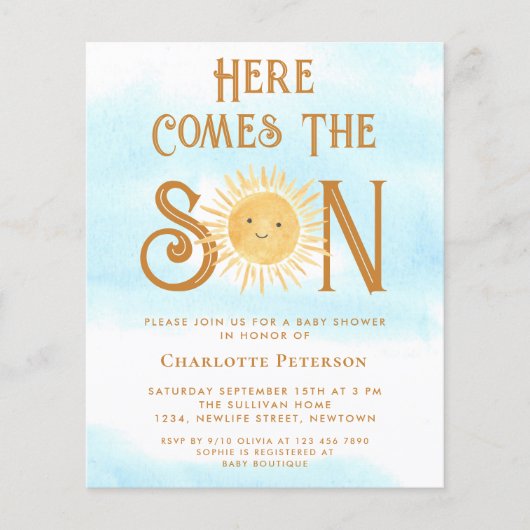Budget hier komt de Son Baby shower uitnodiging (Voorkant)