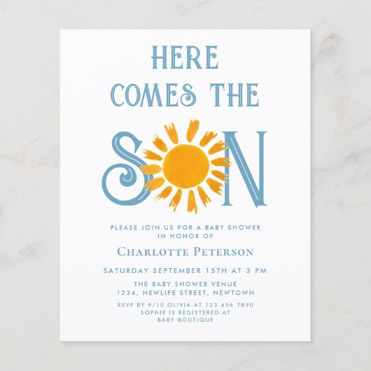 Budget hier komt de Son Baby shower uitnodiging (Voorkant)