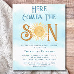 Budget hier komt de Son Baby shower uitnodiging<br><div class="desc">Nodig familie en vrienden uit voor uw baby shower met een zonthema met deze leuke budget jongens baby shower uitnodiging. Het bevat de tekst "Here Comes The Son" in blauwe retro typografie met een schattige gele waterverf lachende zon op een blauwe hemelachtergrond. Gemakkelijk aan te passen. Omdat we ons kunstwerk...</div>