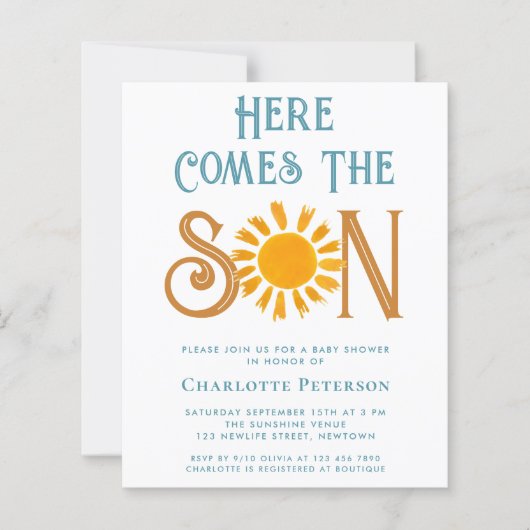 Budget hier komt de Son Baby shower uitnodiging (Voorkant)