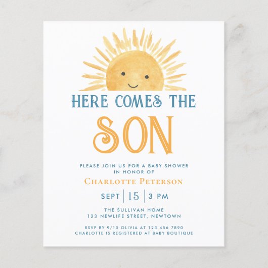 Budget hier komt de Son Baby shower uitnodiging (Voorkant)