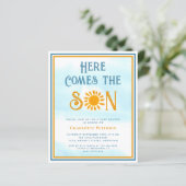 Budget hier komt de Son Baby shower uitnodiging (Staand voorkant)