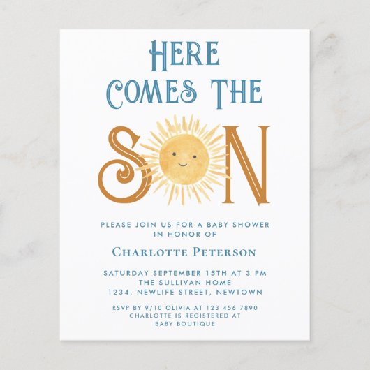 Budget hier komt de Son Baby shower uitnodiging (Voorkant)