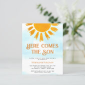 Budget Hier komt de Son Boys Baby shower uitnodige (Staand voorkant)