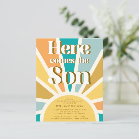 Budget Hier Komt De Son Retro Baby shower Uitnodig (Staand voorkant)