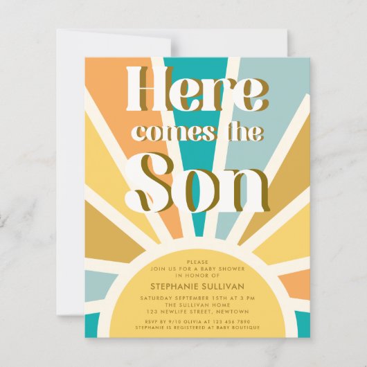 Budget Hier Komt De Son Retro Baby shower Uitnodig (Voorkant)