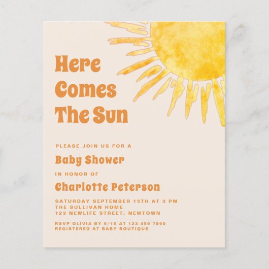 Budget Hier komt de Sun Baby shower Invitation (Voorkant)