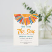 Budget Hier Komt De Zoon Baby shower Uitnodigen (Staand voorkant)