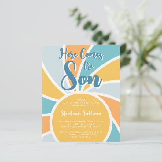 Budget Hier komt de zoon Baby shower uitnodiging (Staand voorkant)