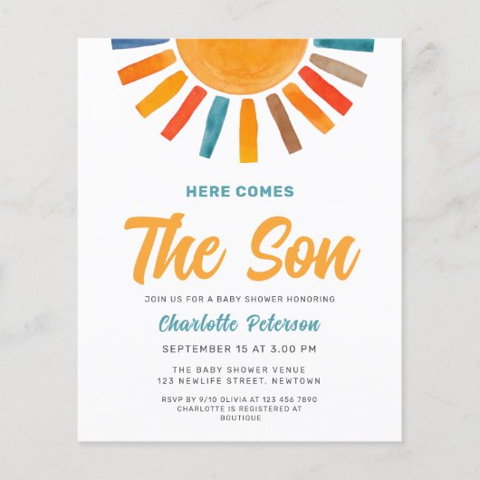 Budget Hier Komt de Zoon Baby Shower Uitnodiging (Voorkant)