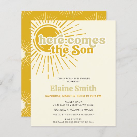 Budget Hier komt de zoon retro boy baby shower (Voorkant / Achterkant)