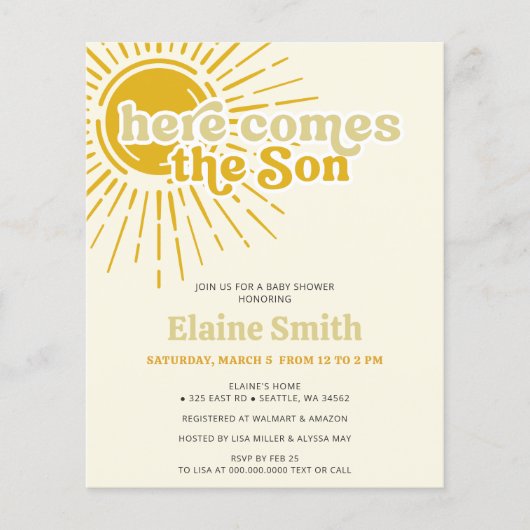 Budget Hier komt de zoon retro boy baby shower (Voorkant)