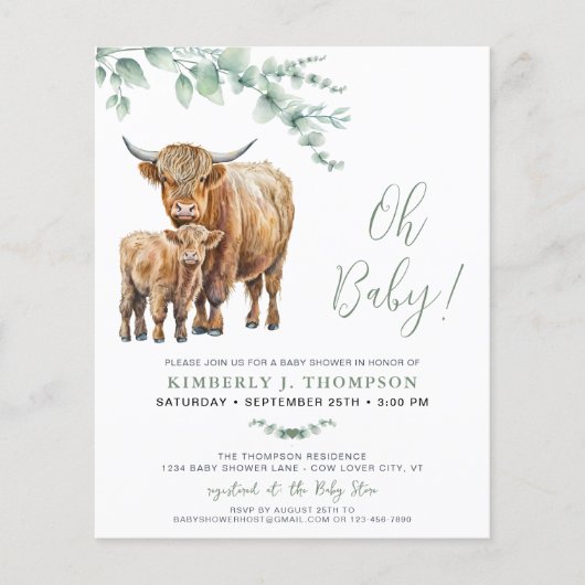 Budget Highland Koe Boho Greenery Sage Baby shower (Voorkant)