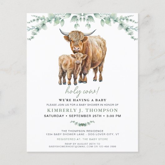 Budget Highland Koe Greenery Baby shower Invite (Voorkant)