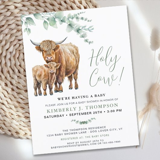 Budget Highland Koe Greenery Baby shower Invite