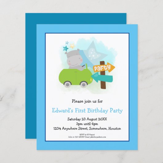 Budget Hippo Toddler 1e verjaardag Uitnodiging (Voorkant / Achterkant)