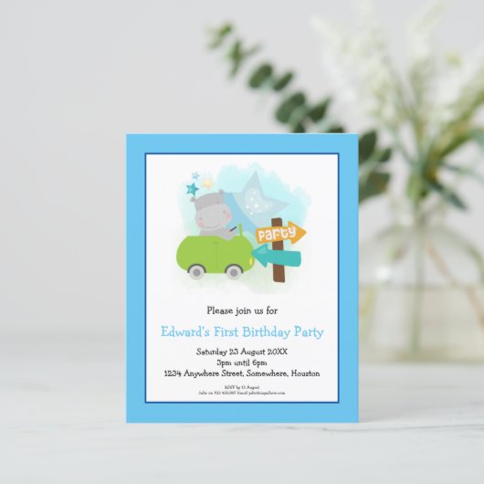 Budget Hippo Toddler 1e verjaardag Uitnodiging (Staand voorkant)