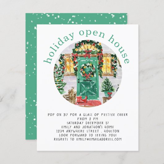 Budget Holiday Open House Blauwgroen uitnodiging (Voorkant / Achterkant)