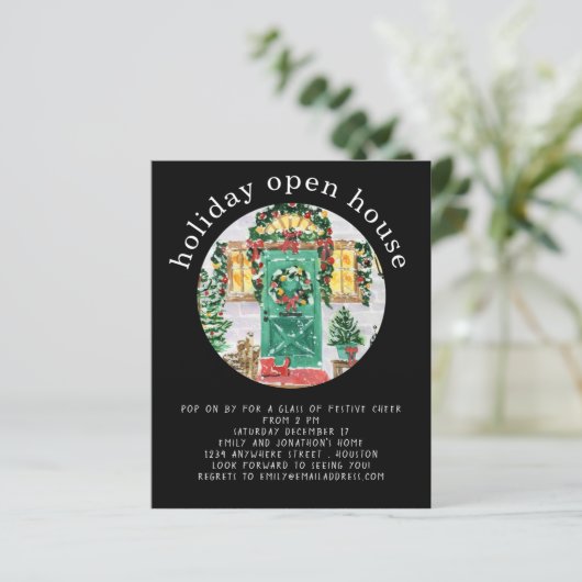 Budget Holiday Open House Party Black Invite (Staand voorkant)