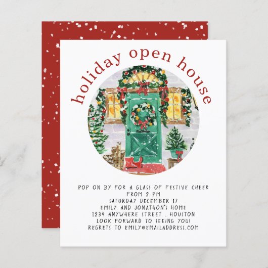 Budget Holiday Open House Party Red Invite (Voorkant / Achterkant)
