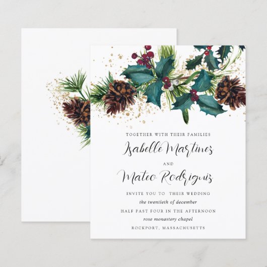 Budget Holly Berries Winter Wedding Invitation (Voorkant / Achterkant)