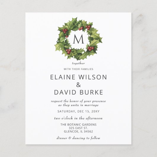 Budget Holly Berries Wreath Wedding Invitation (Voorkant)