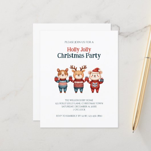 Budget Holly Jolly Christmas Party Uitnodiging (Voorkant / Achterkant in situ)