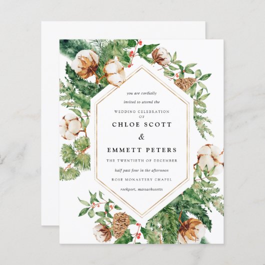 Budget Holly Pine Winter Wedding Invitation (Voorkant / Achterkant)