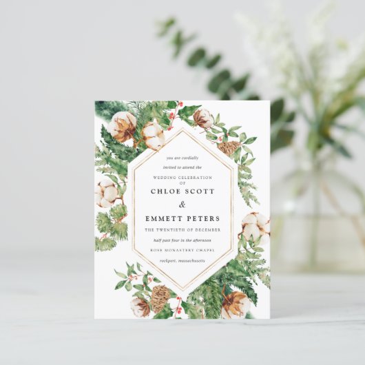 Budget Holly Pine Winter Wedding Invitation (Staand voorkant)