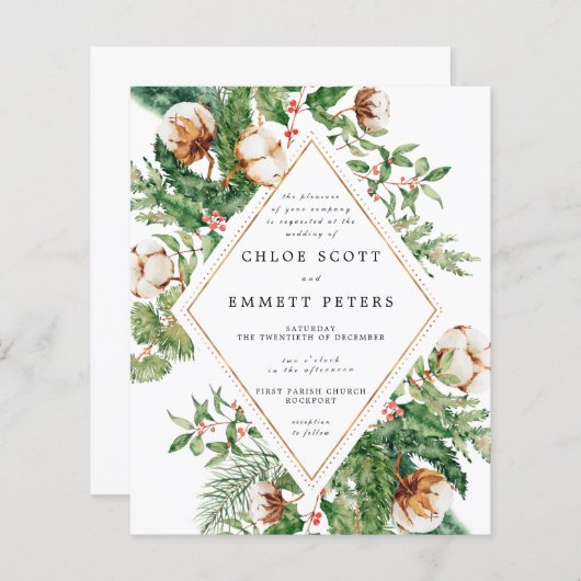 Budget Holly Pine Winter Wedding Invitation (Voorkant / Achterkant)