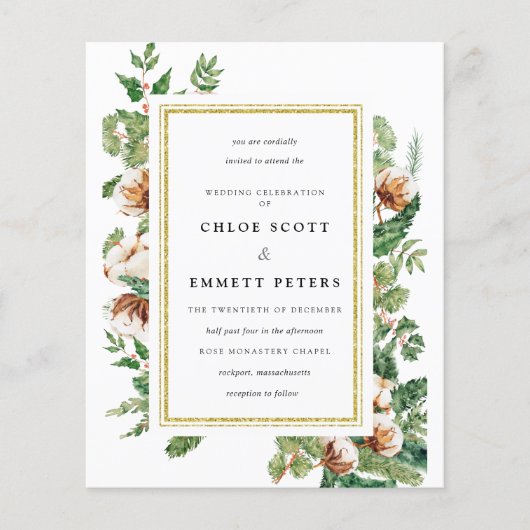Budget Holly Pine Winter Wedding Invitation (Voorkant)