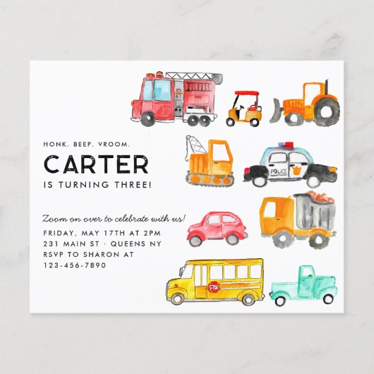 Budget Honk Piep Vroom Vervoer Kind Verjaardag Flyer (Voorkant)