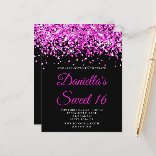 Budget Hot Pink Glitter Black Sweet 16 Invite (Voorkant / Achterkant in situ)