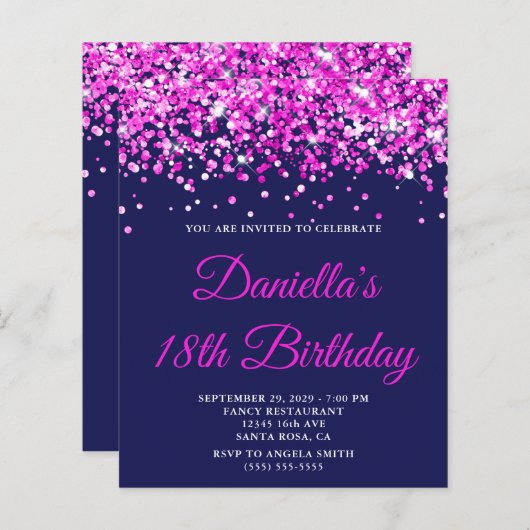 Budget Hot Pink Glitter Navy 18th Birthday Invite (Voorkant / Achterkant)
