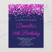 Budget Hot Pink Glitter Navy 18th Birthday Invite (Voorkant)