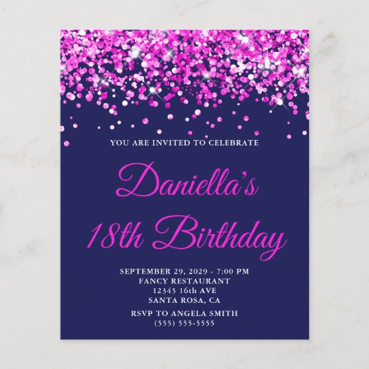 Budget Hot Pink Glitter Navy 18th Birthday Invite (Voorkant)