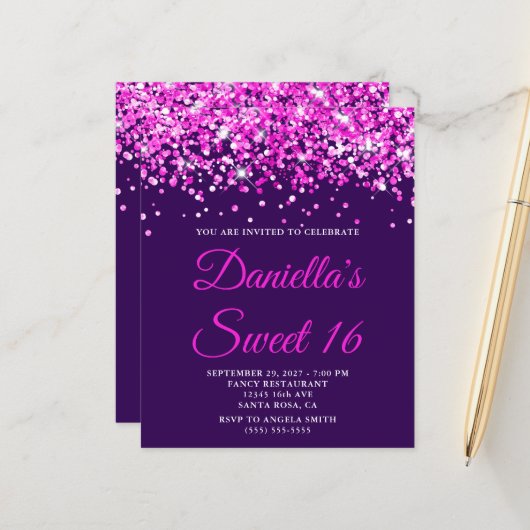 Budget Hot Pink Glitter Paars Sweet 16 Uitnodiging (Voorkant / Achterkant in situ)