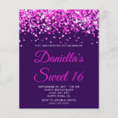 Budget Hot Pink Glitter Paars Sweet 16 Uitnodiging (Voorkant)