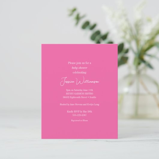 Budget Hot Pink Minimalistisch Baby shower Invitat (Staand voorkant)