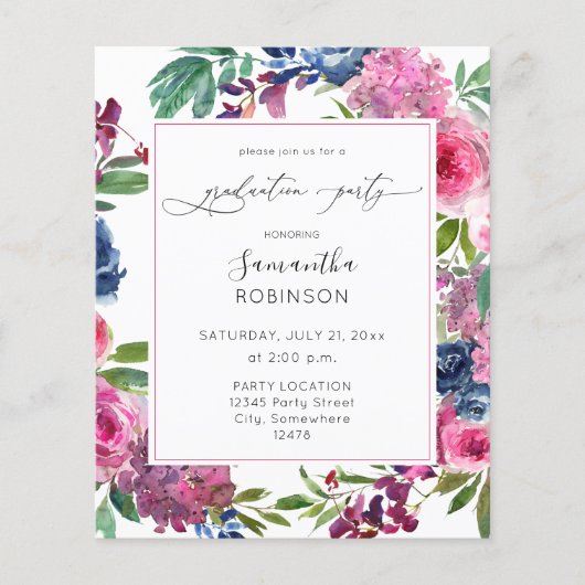 Budget Hot Pink & Navy Blue Floral Graduation Part Flyer (Voorkant)