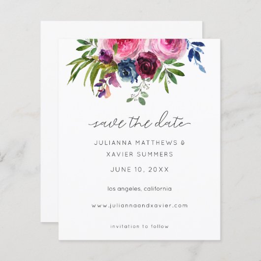 Budget Hot Pink & Navy Blue Floral Save the Date (Voorkant / Achterkant)
