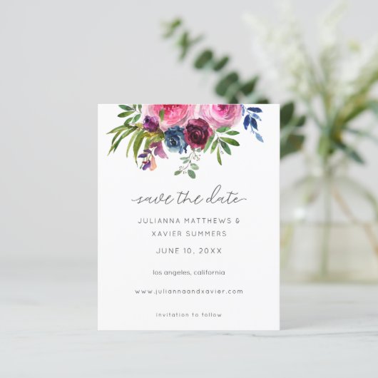 Budget Hot Pink & Navy Blue Floral Save the Date (Staand voorkant)
