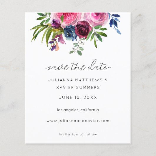 Budget Hot Pink & Navy Blue Floral Save the Date (Voorkant)