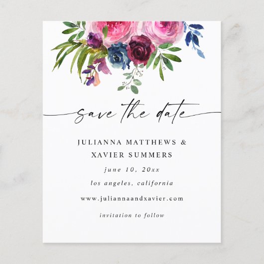 Budget Hot Pink & Navy Blue Floral Save the Date 3 (Voorkant)