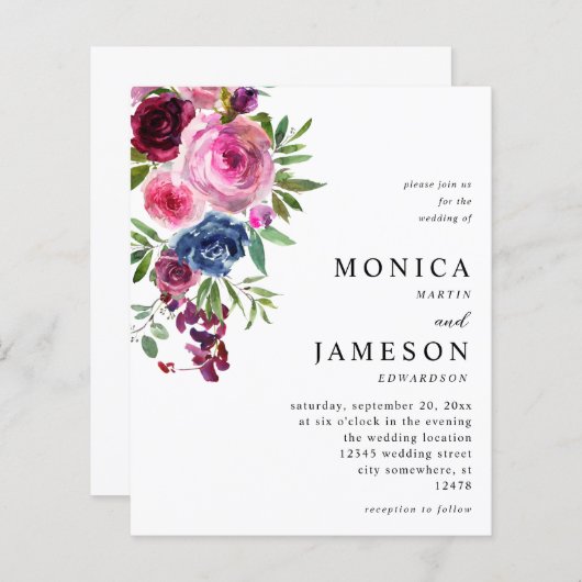 Budget Hot Roze & Navy Blauw Bloemen Bruiloft 3 (Voorkant / Achterkant)