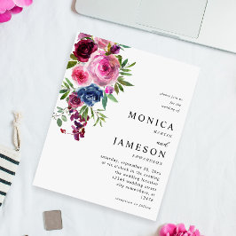 Budget Hot Roze & Navy Blauw Bloemen Bruiloft 3 Flyer