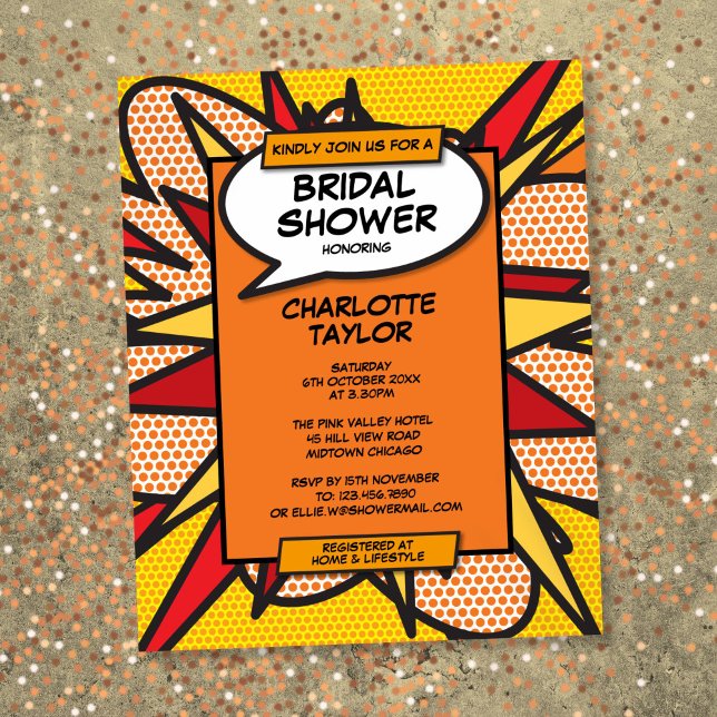 Budget-humoristische bruiloftsuitnodiging in strip (Budget Fun Bridal Shower Comic Book Invitation)