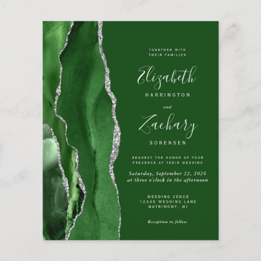 Budget Hunter Green Agate Silver Wedding Invite (Voorkant)