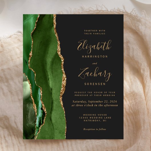 Budget Hunter Green Gold Agate Dark Wedding Invite