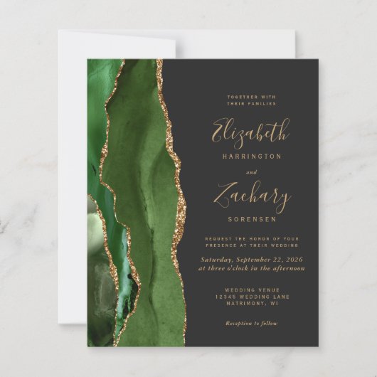 Budget Hunter Green Gold Agate Dark Wedding Invite (Voorkant)